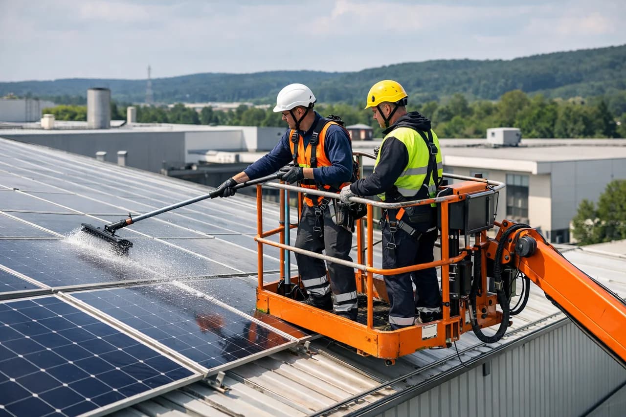 Große Solaranlage auf einem gewerblichen Hallendach als Motiv für Unternehmensstaerke