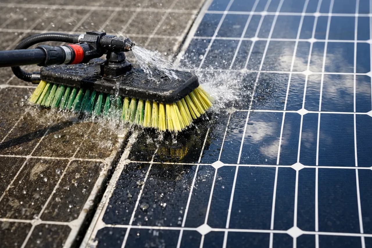 Nahaufnahme einer gereinigten und noch verschmutzten Modulfläche während der Solaranlagenreinigung